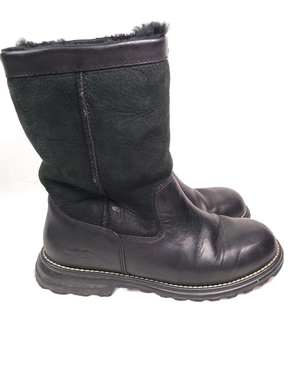 UGG Brooks 5381 Black 8 Leather & Suede Mid Calf Short Winter Boots VTG